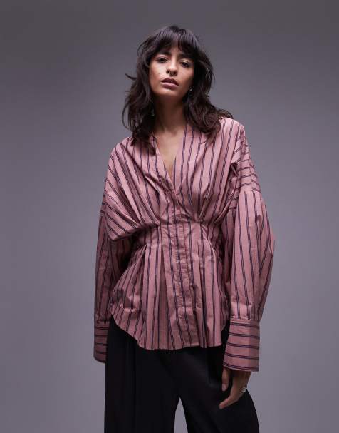 & Other Stories shirt with cinch waist and volume sleeves in pink and blue stripes