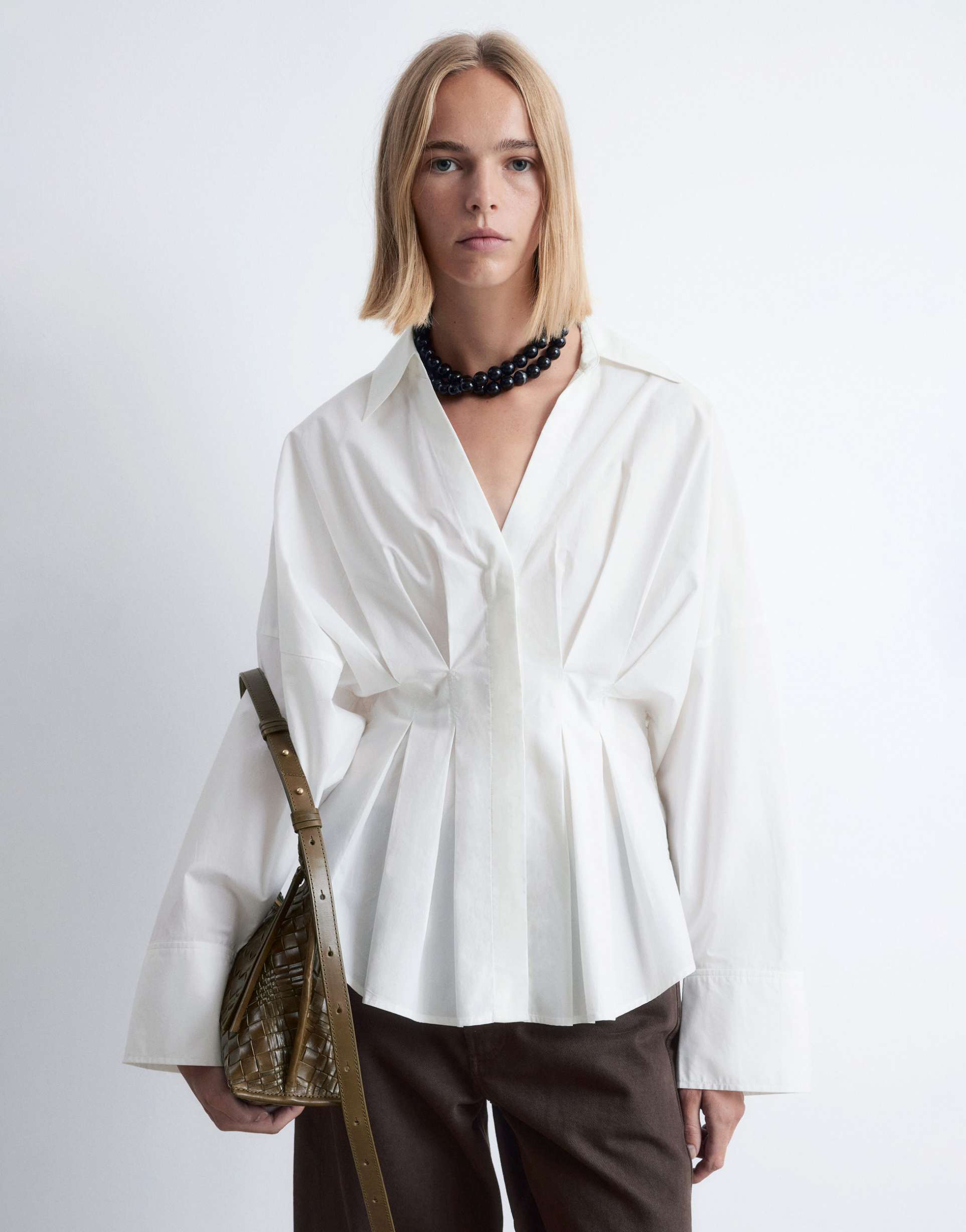 & other stories shirt with cinch waist and volume sleeves in white