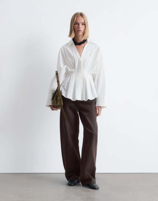 & Other Stories shirt with cinch waist and volume sleeves in white, 2 of 4