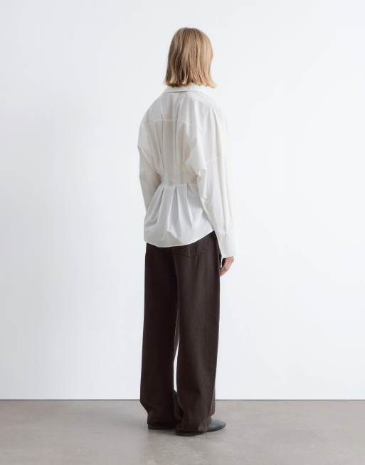 & Other Stories shirt with cinch waist and volume sleeves in white, 3 of 4