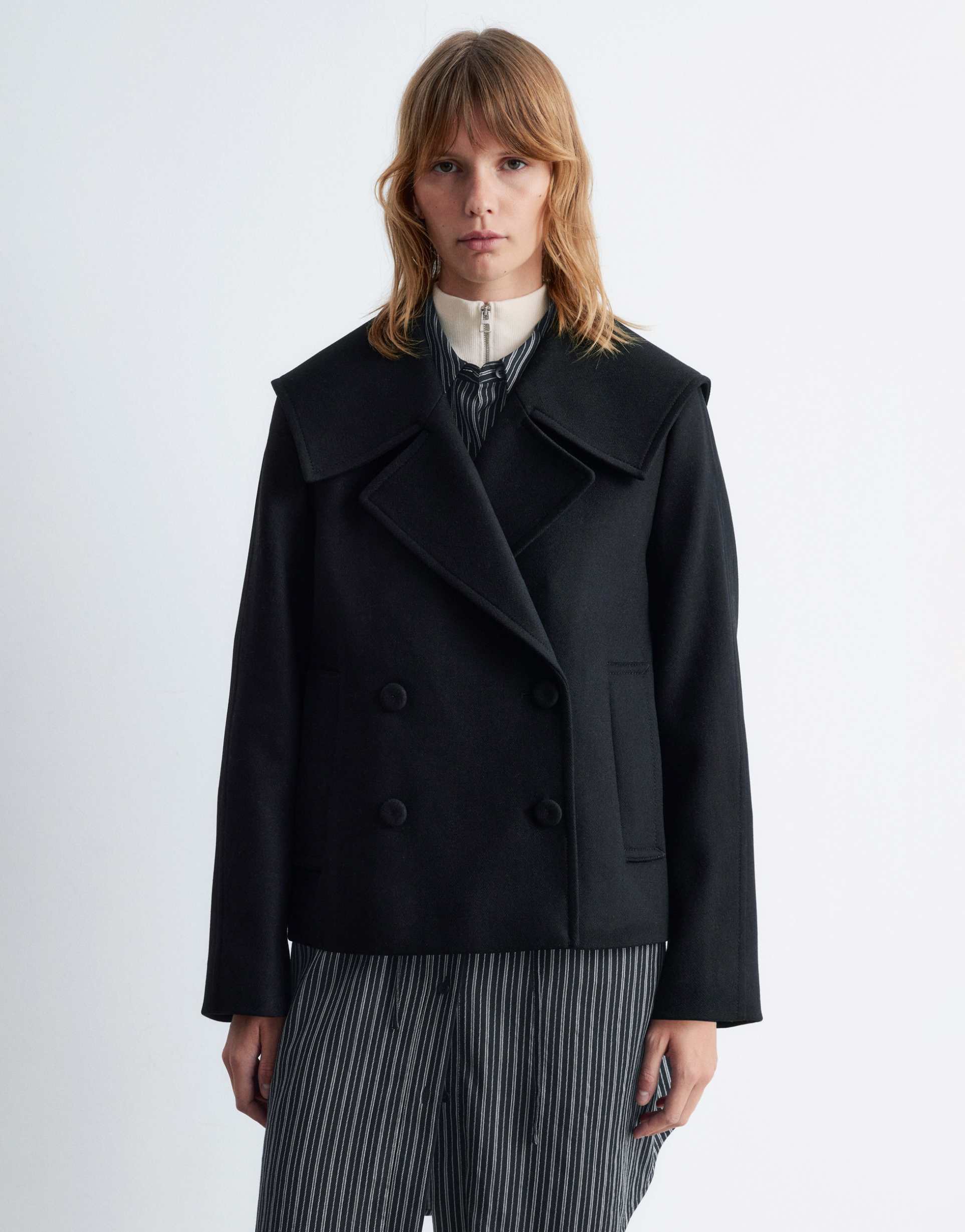 & other stories short peacoat with strapped cuffs in black