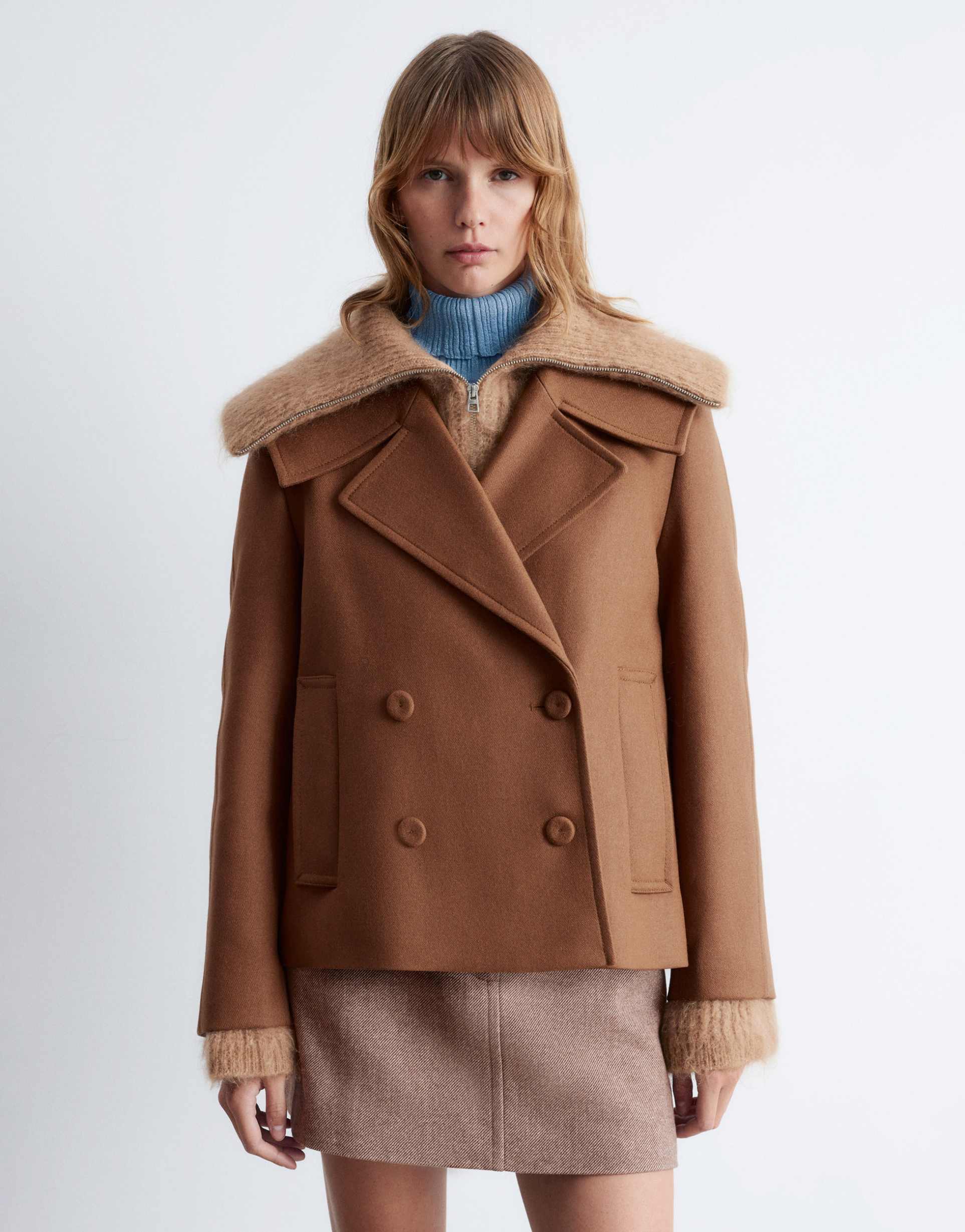 & other stories short peacoat with strapped cuffs in brown