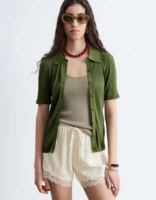Short satiné en jacquard avec bordures en dentelle - Jaune beurre S