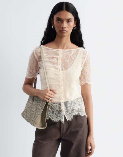 & Other Stories short sleeve boat neck lace top with ruched button detailing in dusty beige - view 1