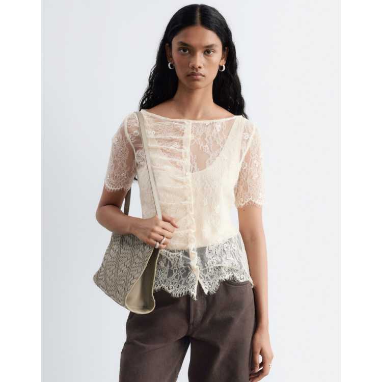 & Other Stories short sleeve boat neck lace top with ruched button