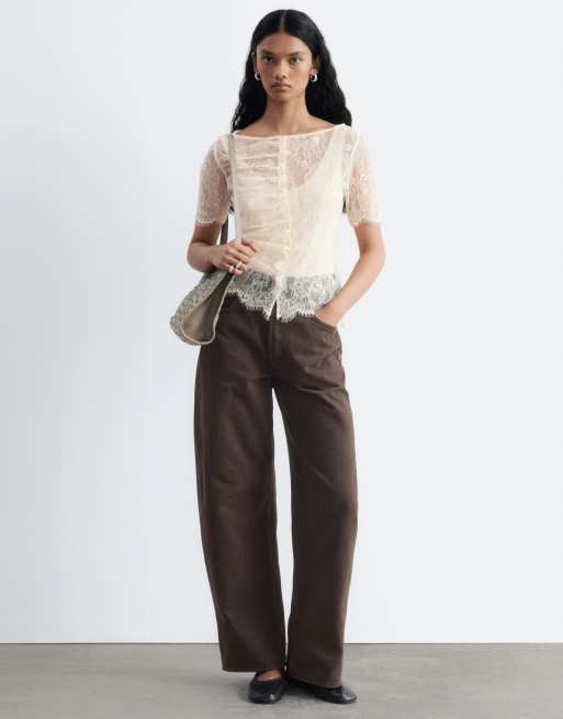 & Other Stories short sleeve boat neck lace top with ruched button detailing in dusty beige, 2 of 4