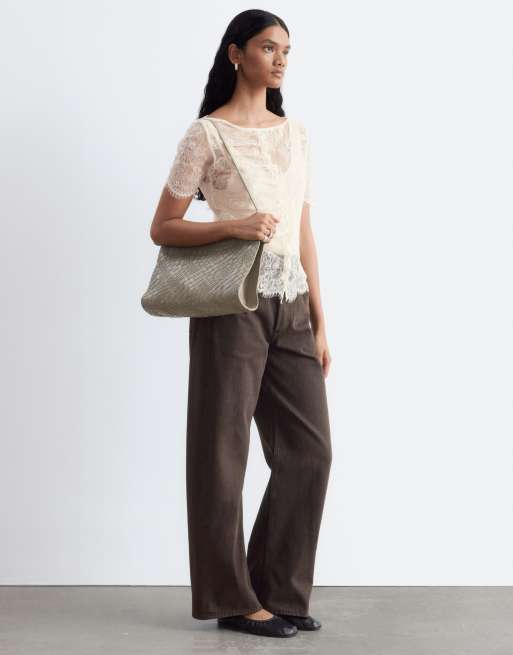 & Other Stories short sleeve boat neck lace top with ruched button detailing in dusty beige, 3 of 4