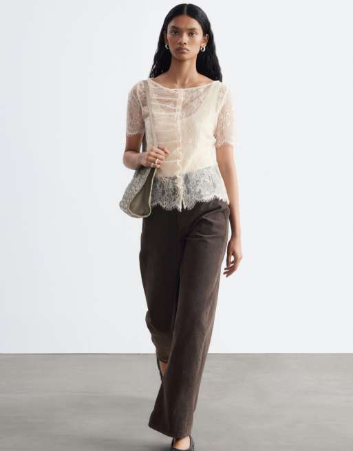 & Other Stories short sleeve boat neck lace top with ruched button detailing in dusty beige, 4 of 4