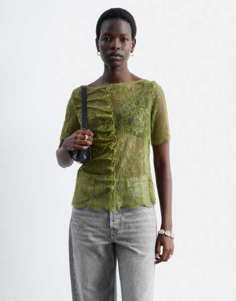 & Other Stories short sleeve boat neck lace top with ruched button detailing in dusty green - view 1