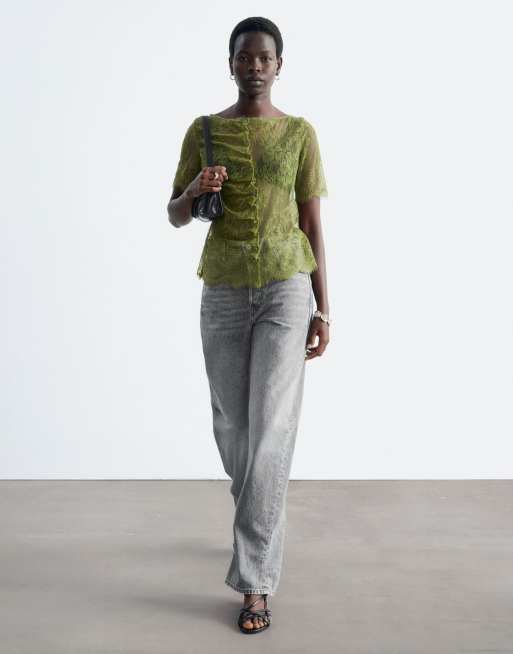& Other Stories short sleeve boat neck lace top with ruched button detailing in dusty green, 2 of 4