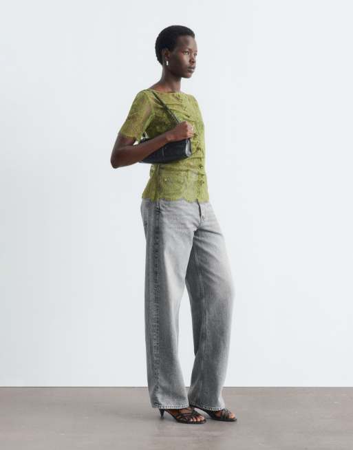 & Other Stories short sleeve boat neck lace top with ruched button detailing in dusty green, 4 of 4
