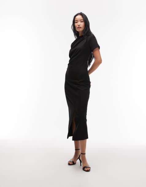 & Other Stories short sleeve drape twist midaxi dress with front split in black - view 1