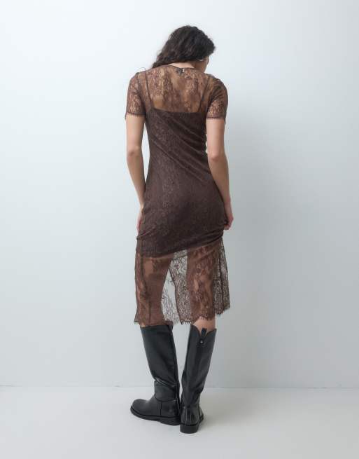 & Other Stories short sleeve high neck lace midi dress in dark brown, 2 of 4