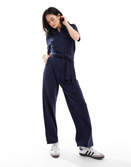 Other Stories short sleeve jersey jumpsuit with patch pockets and tie waist in dark blue