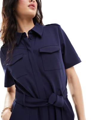 & Other Stories short sleeve jersey jumpsuit with patch pockets and tie  waist in dark blue