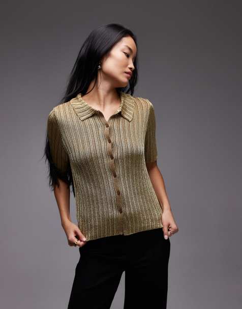 & Other Stories short sleeve knit top with decorative button closure in dark beige - view 1