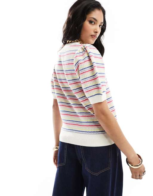 & Other Stories short sleeve knitted top in multicolour stripes with scallop edge neckline , 3 of 4