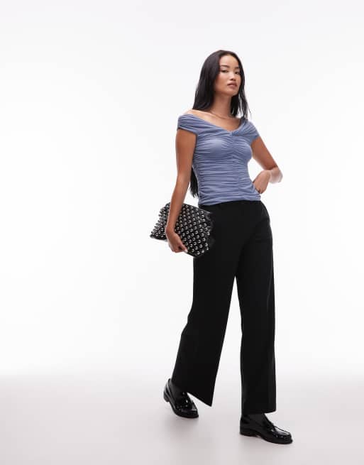 & Other Stories short sleeve mesh drapey ruched top in mid blue, 2 of 4