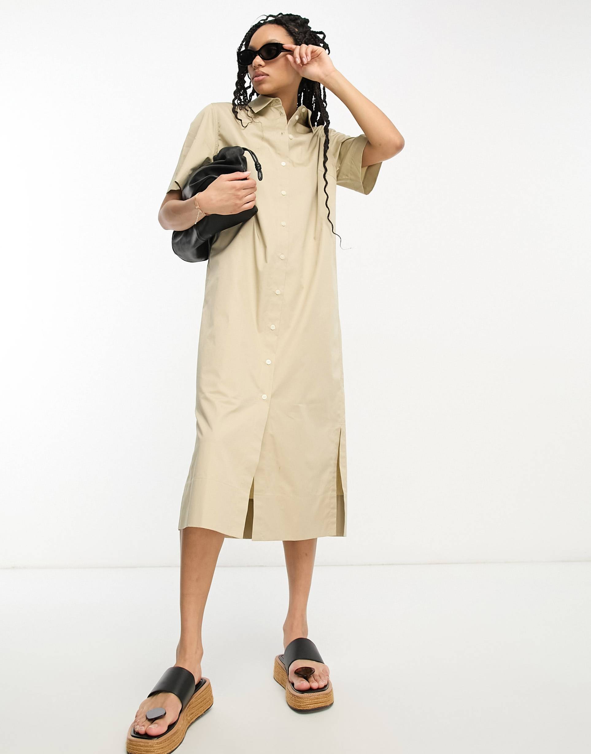 & other stories short sleeve midi shirt dress beige