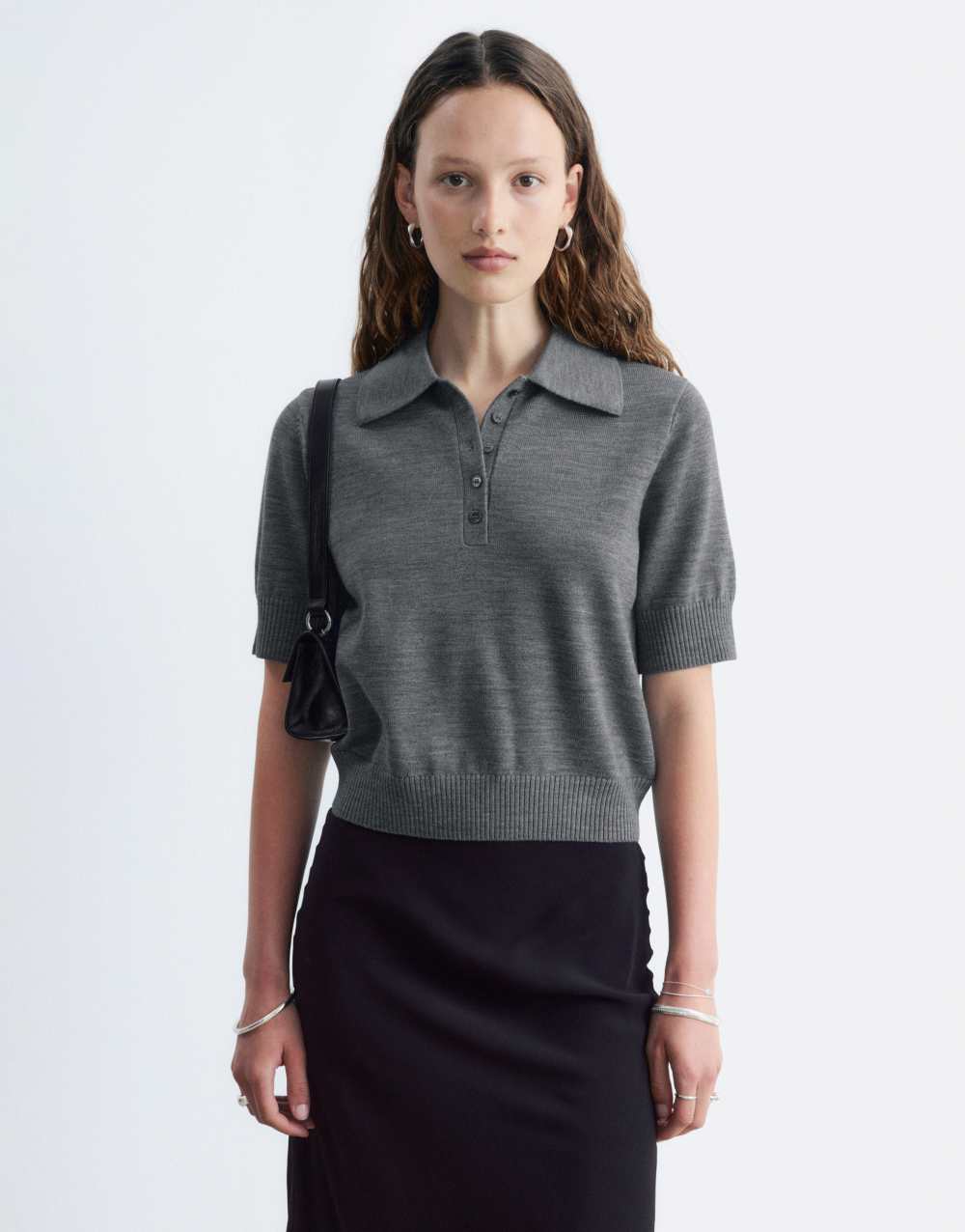 & Other Stories short sleeve polo wool knit jumper in dark grey