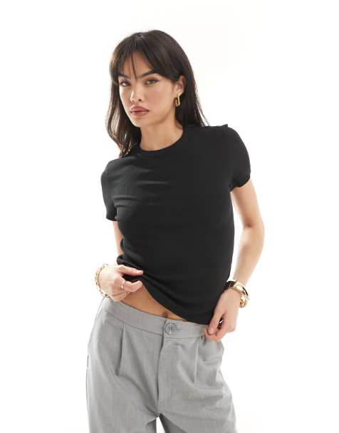 & Other Stories short sleeve ribbed fitted top in black - view 1