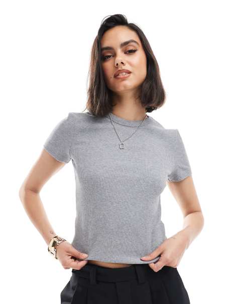 & Other Stories short sleeve ribbed fitted top in grey melange - view 1