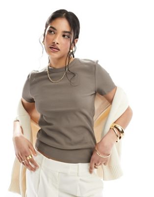 & Other Stories short sleeve ribbed fitted top in mole