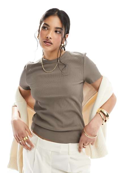 Only lettuce edge high neck ribbed top in brown