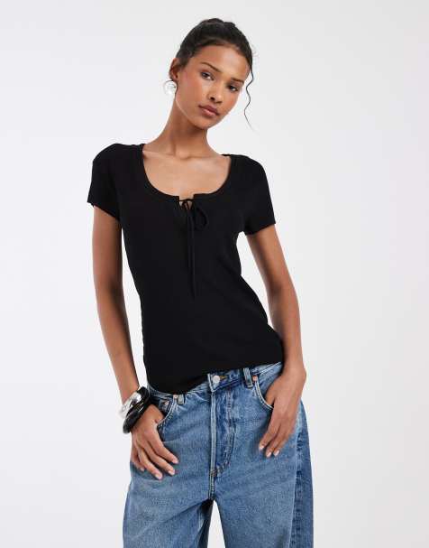 & Other Stories short sleeve t-shirt with low neckline and bow detail in black - view 1