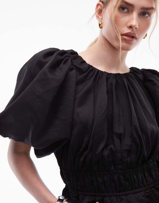 & Other Stories short sleeve volume blouse with statement puff sleeves and cinch waist in black, 3 of 4