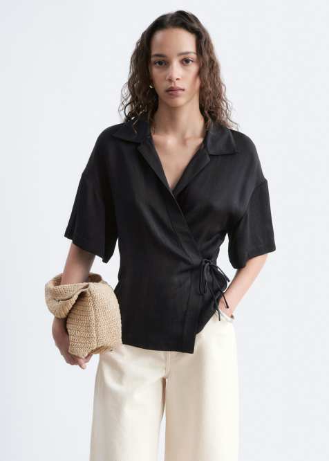 & Other Stories short sleeve wrap linen blend shirt with tie waist detail in black - view 1