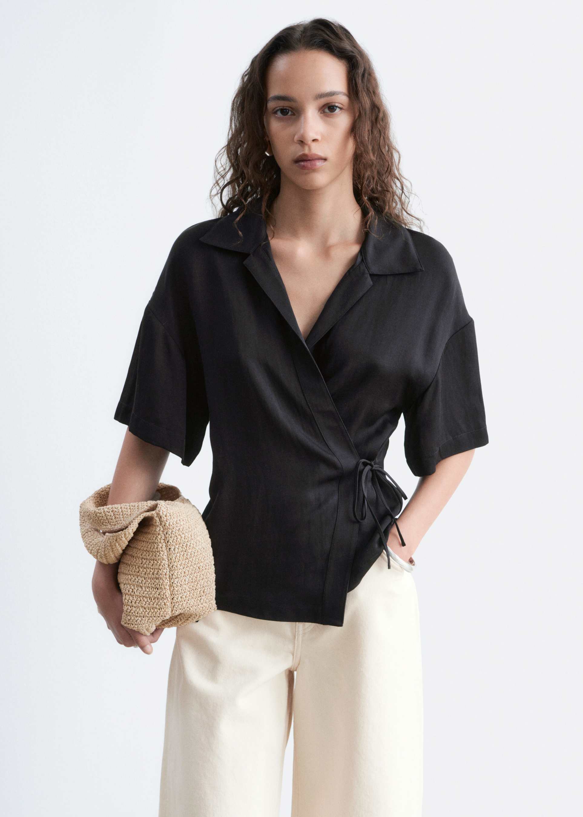& other stories short sleeve wrap linen mix shirt with tie waist detail in black