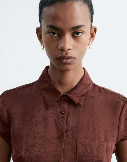 & Other Stories short sleeved jacquard shirt dress in chocolate brown , 2 of 4