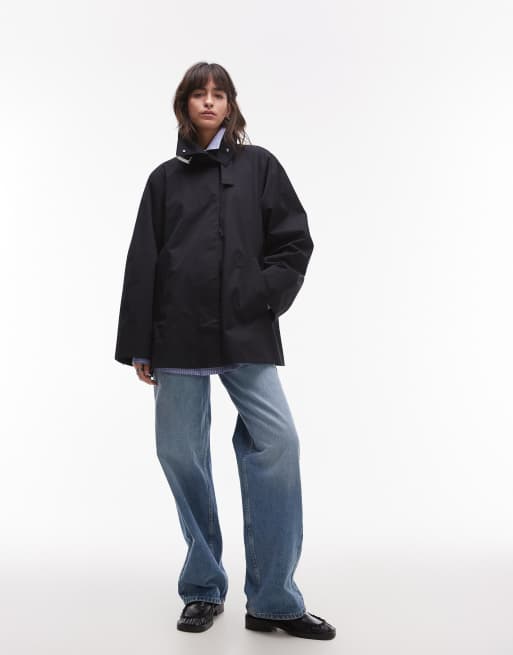 & Other Stories short trench jacket with strap funnel neck detail in navy, 3 of 4