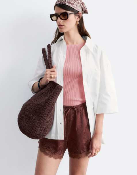 & Other Stories – Shorts aus Jacquard-Satin in Dunkelbraun mit Spitzenbesatz - view 1