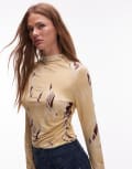 [Other Stories] & Other Stories side ruched jersey top with long sleeves in yellow abstract print XS Yellow multi