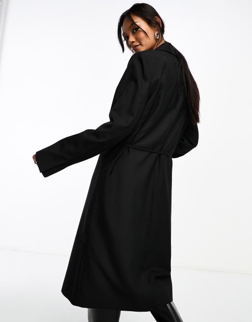 LONG BELTED WOOL BLEND COAT - Black