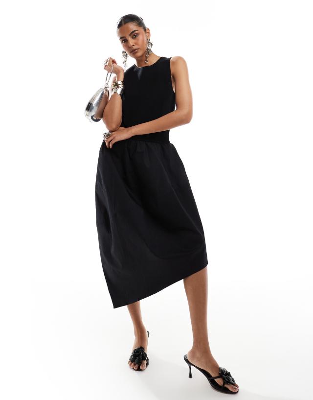 & Other Stories - sleeveless contrast fabric midi dress with asymmetric hem in black