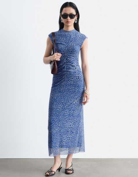 & Other Stories sleeveless high neck mesh midi dress in bright blue leo print - view 1
