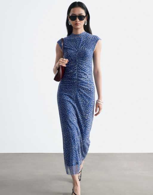 & Other Stories sleeveless high neck mesh midi dress in bright blue leo print, 3 of 3