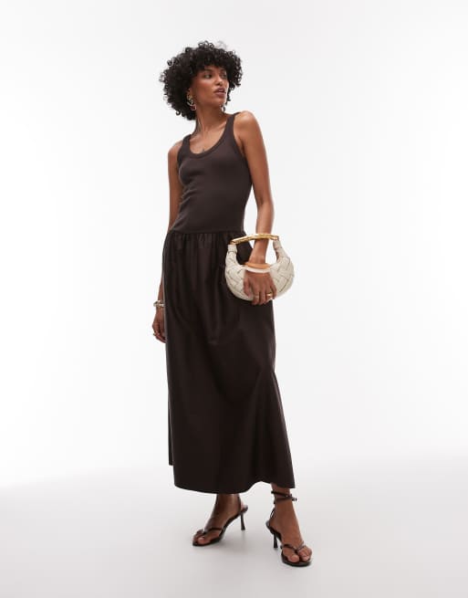 & Other Stories sleeveless maxi dress with volume hem in brown mixed jersey and woven fabric