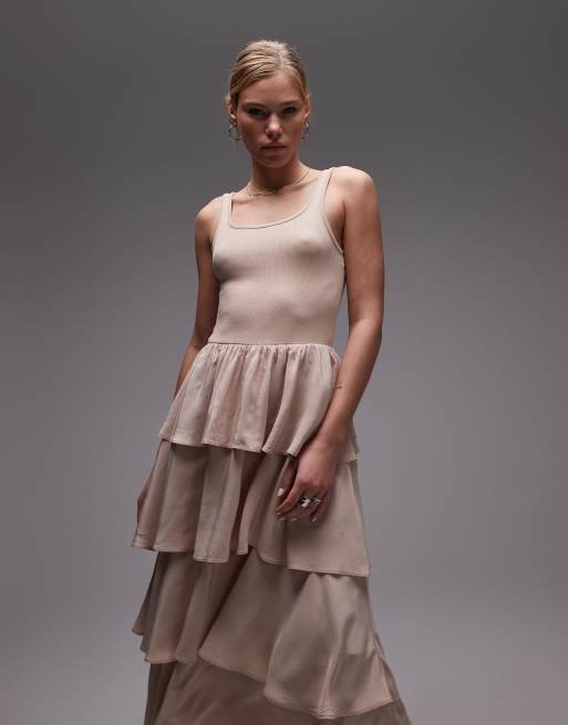 & Other Stories sleeveless midaxi dress with floaty ruffles in light beige mixed ribbed jersey and woven fabric