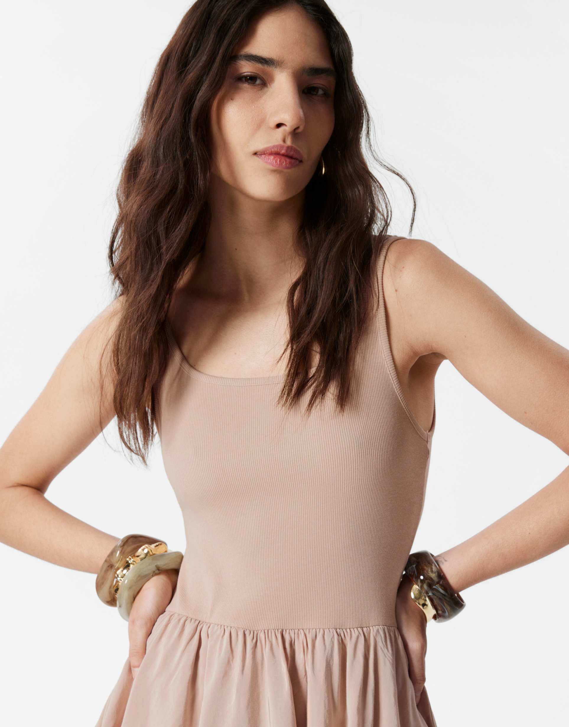 & other stories sleeveless midaxi dress with ruffles in light beige