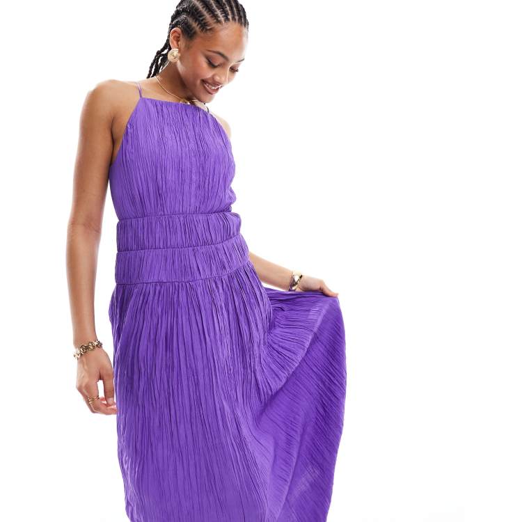 ワンピース ETMON Slip Pointed Pleats Dress, Purple One Sleeve Bow Midi Dress Purple - Luxe Dresses and Luxe