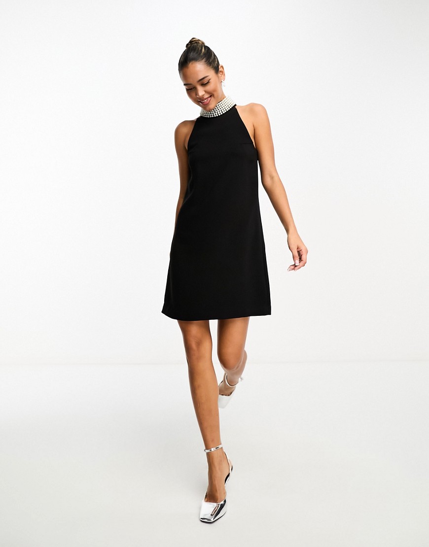 & Other Stories sleeveless mini dress with faux pearl embellished neckline in black