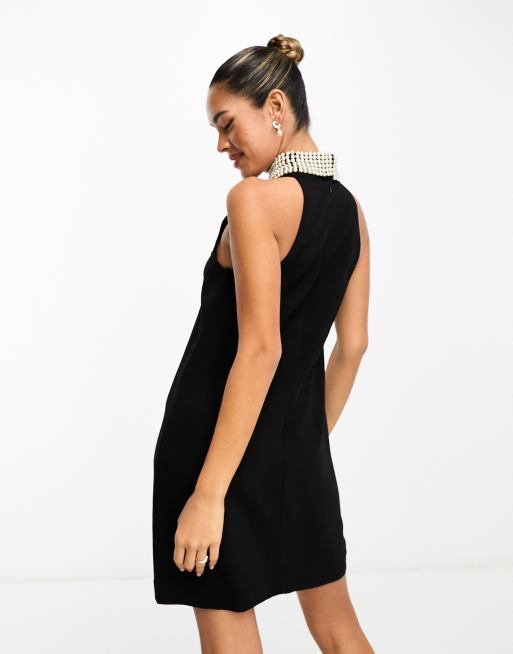 & Other Stories sleeveless mini dress with faux pearl embellished neckline  in black