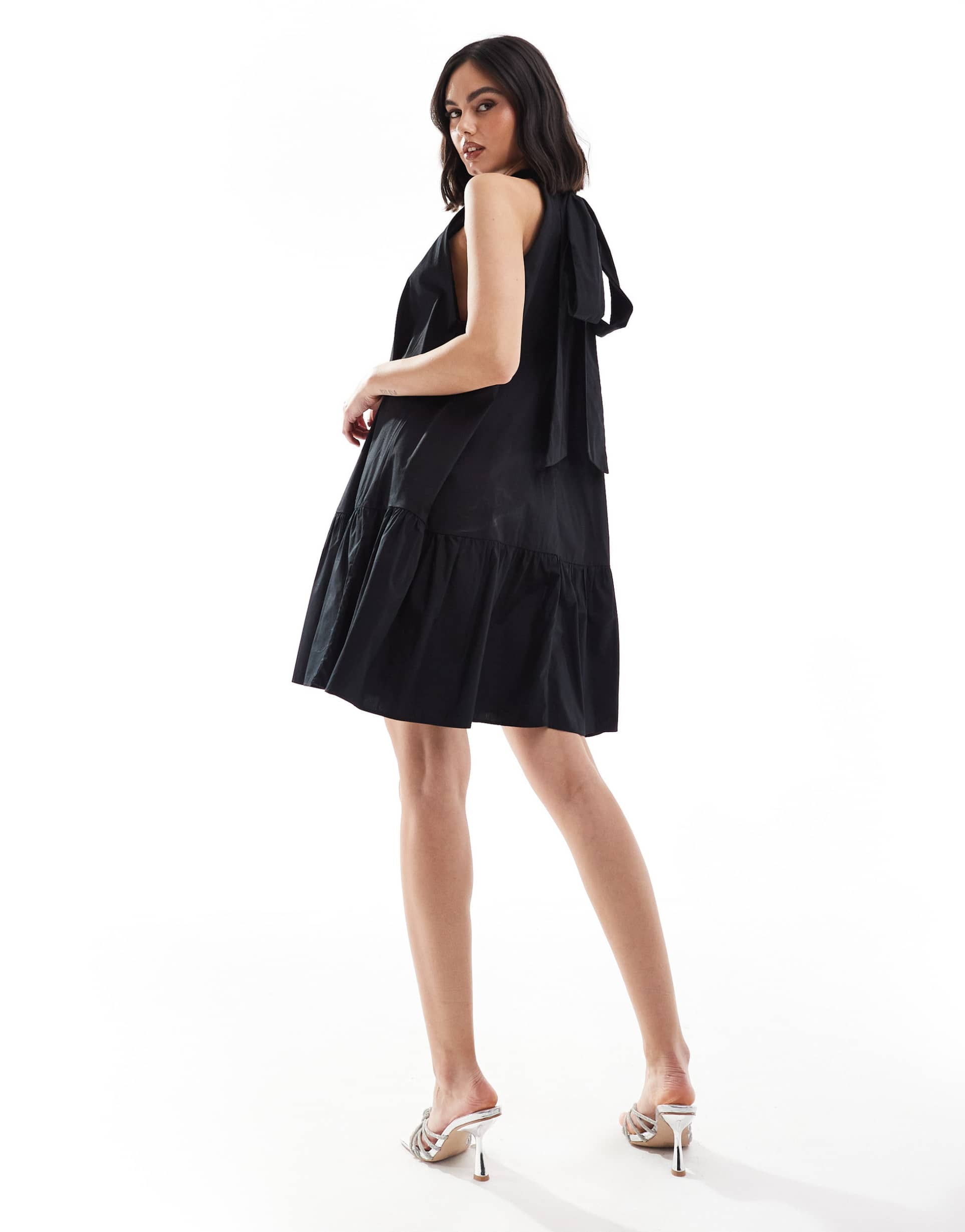 & other stories sleeveless mini dress with tiered hem and back bow tie in black