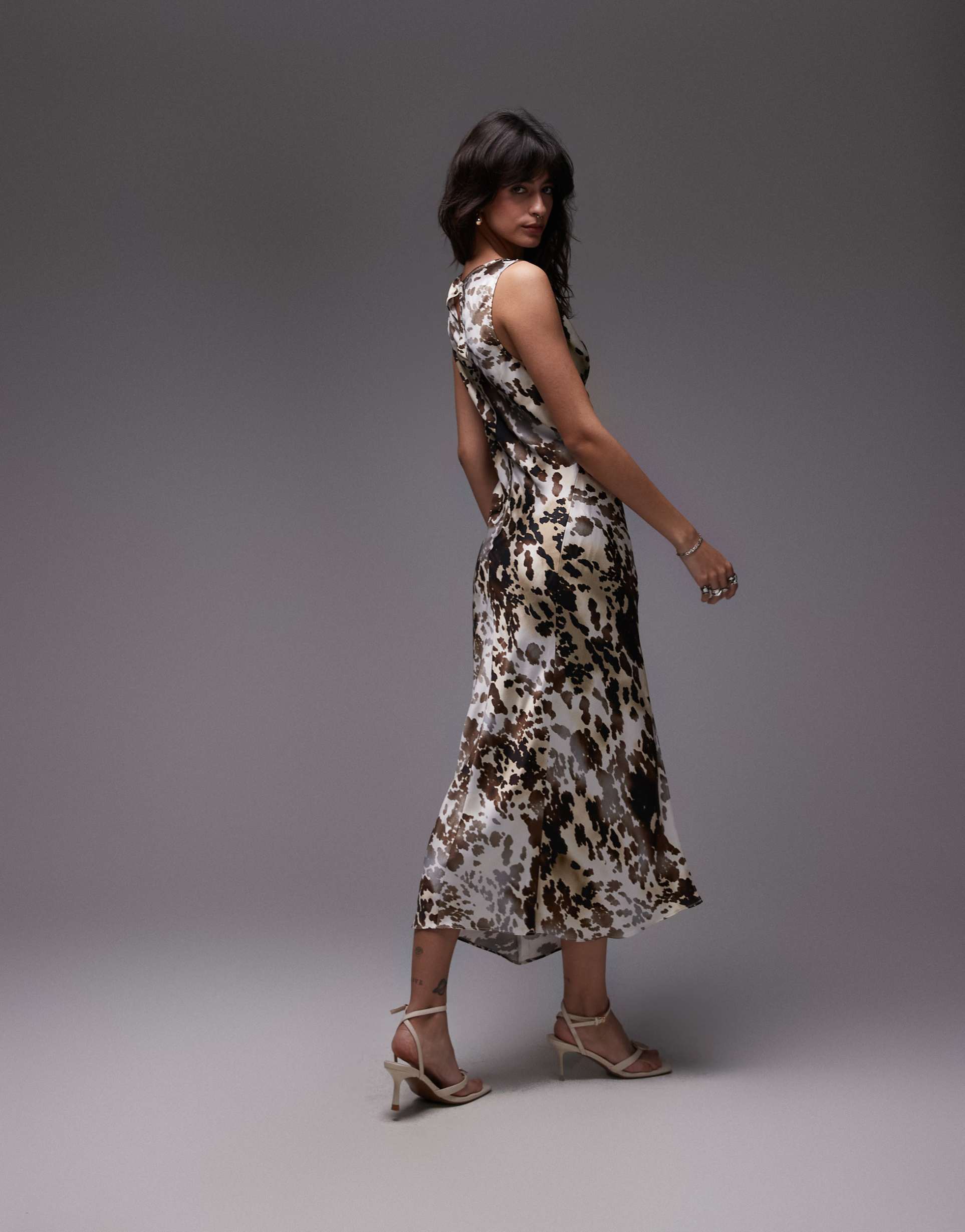 & other stories sleeveless satin midaxi dress with drape detail and thigh slit in abstract animal print