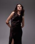 [Other Stories] & Other Stories sleeveless satin midaxi dress with drape detail and thigh split in dark brown 38 Dark brown