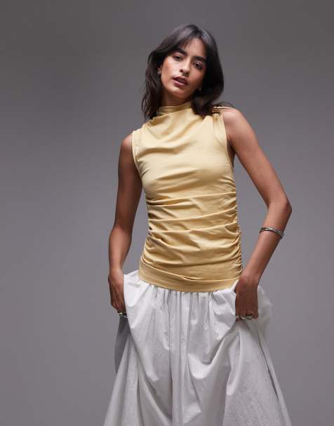 & Other Stories sleeveless supersoft drape jersey top with high neck in butter yellow - view 1